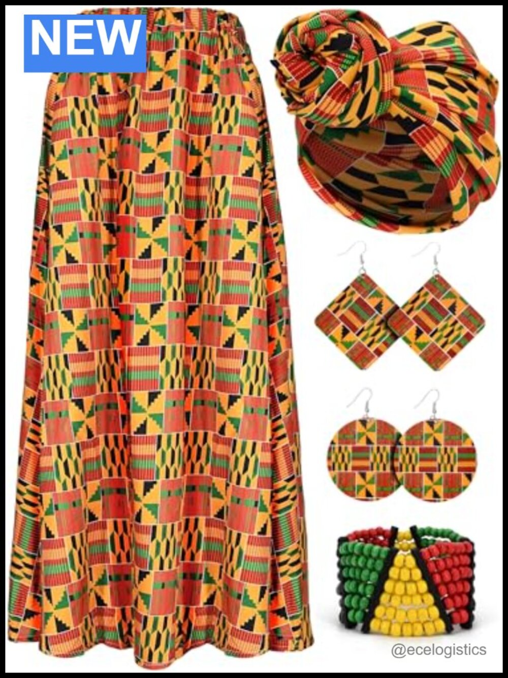 Kente Print African Attire Set with Head Wrap, Skirt, Bracelet & Wooden Earrings